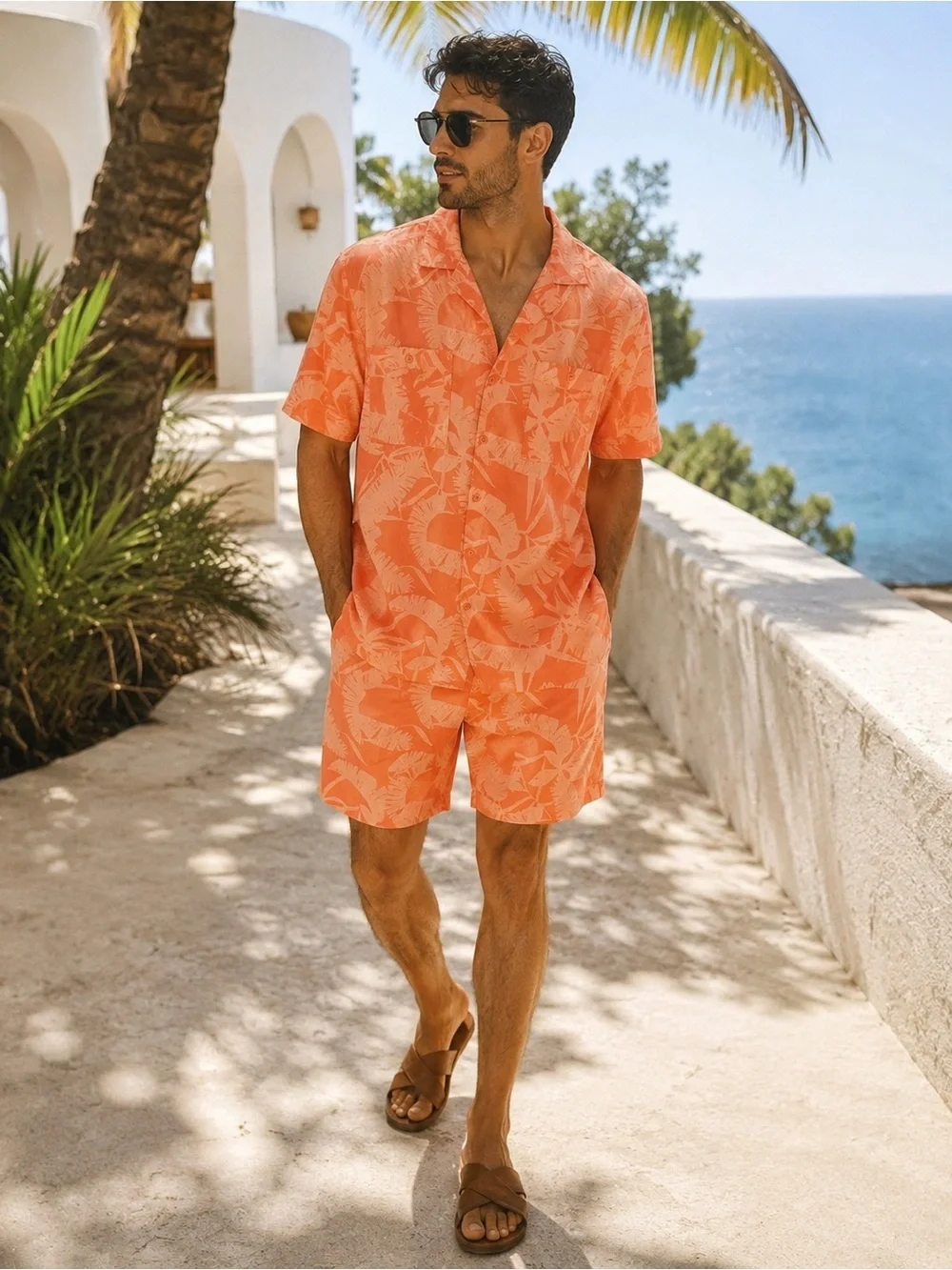 Onia Matching Resort Set | Coral Tropical Camp Shirt & Swim Trunks | Size Smalll